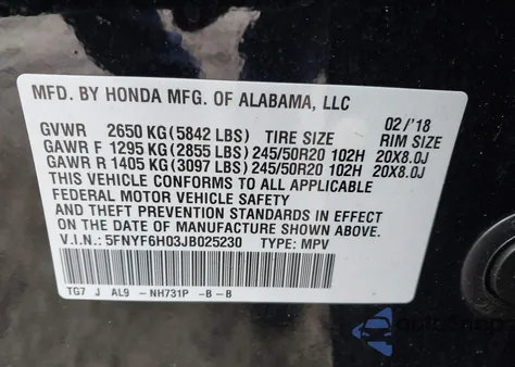 2018 Honda Pilot Elite from USA, damaged, VIN 5FNYF6H03JB025230